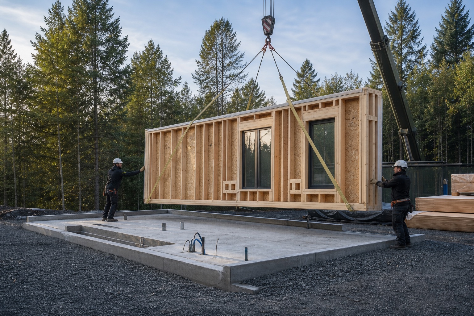 Timber wall module being installed on a prepared foundation