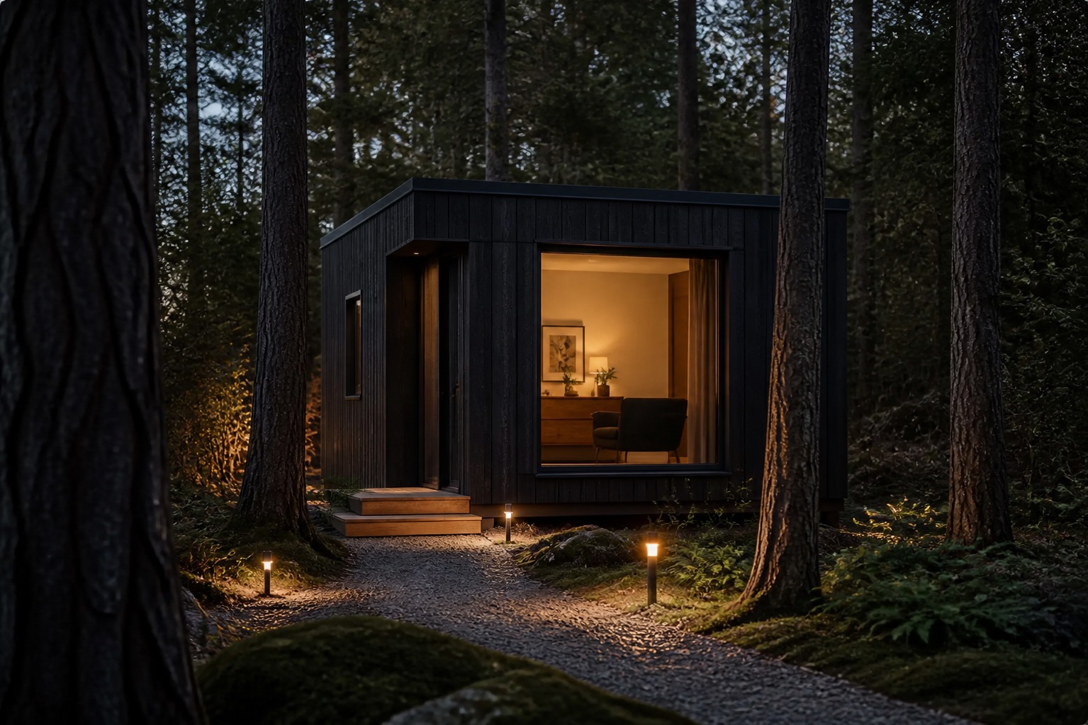 Small modular garden studio among trees at dusk