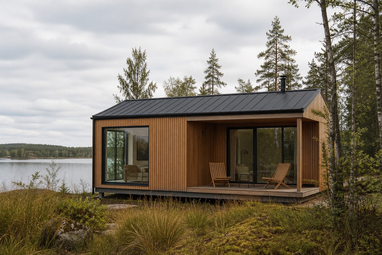 Compact timber modular cabin by a lake