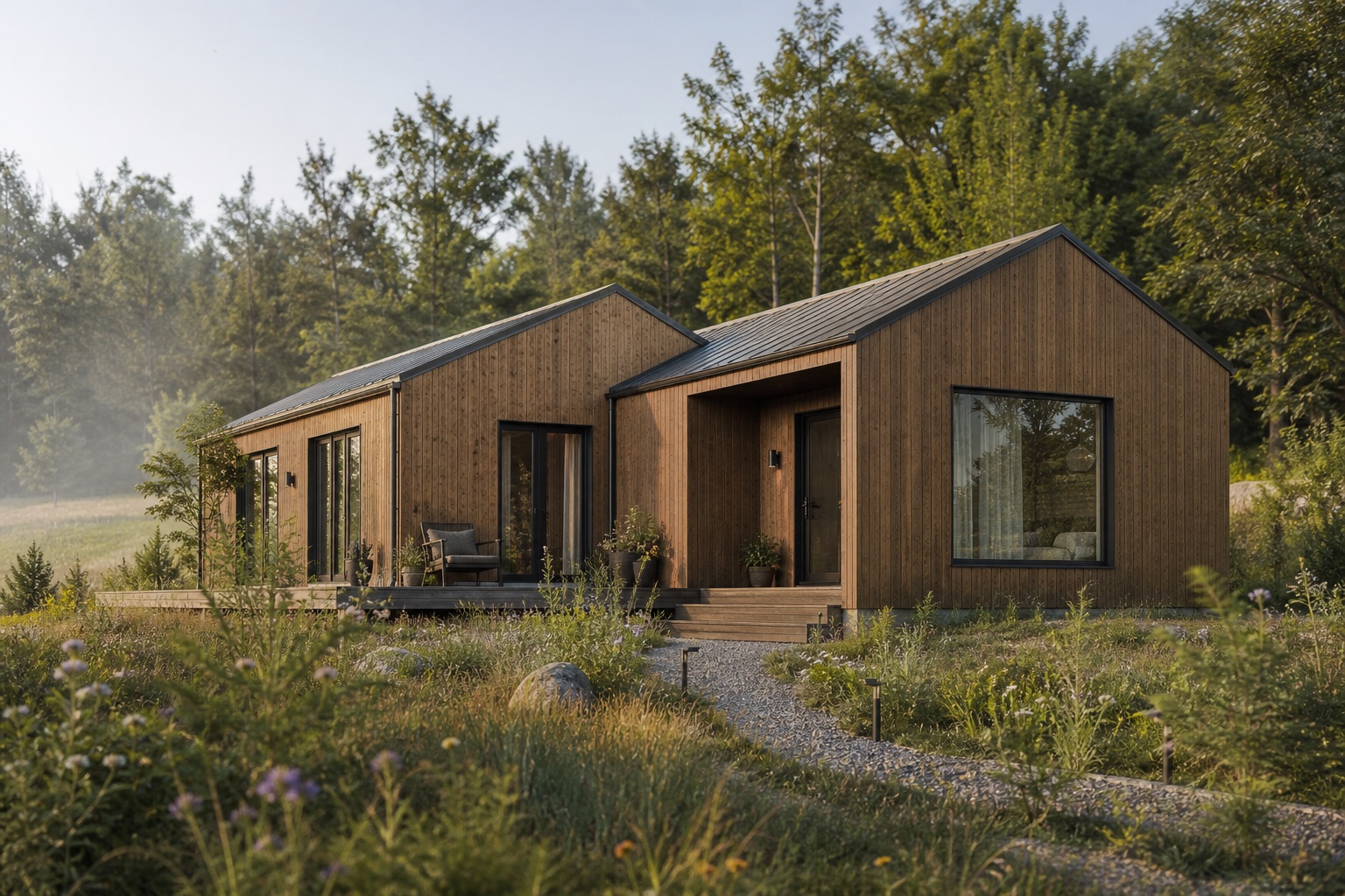 Timber modular family home in a meadow