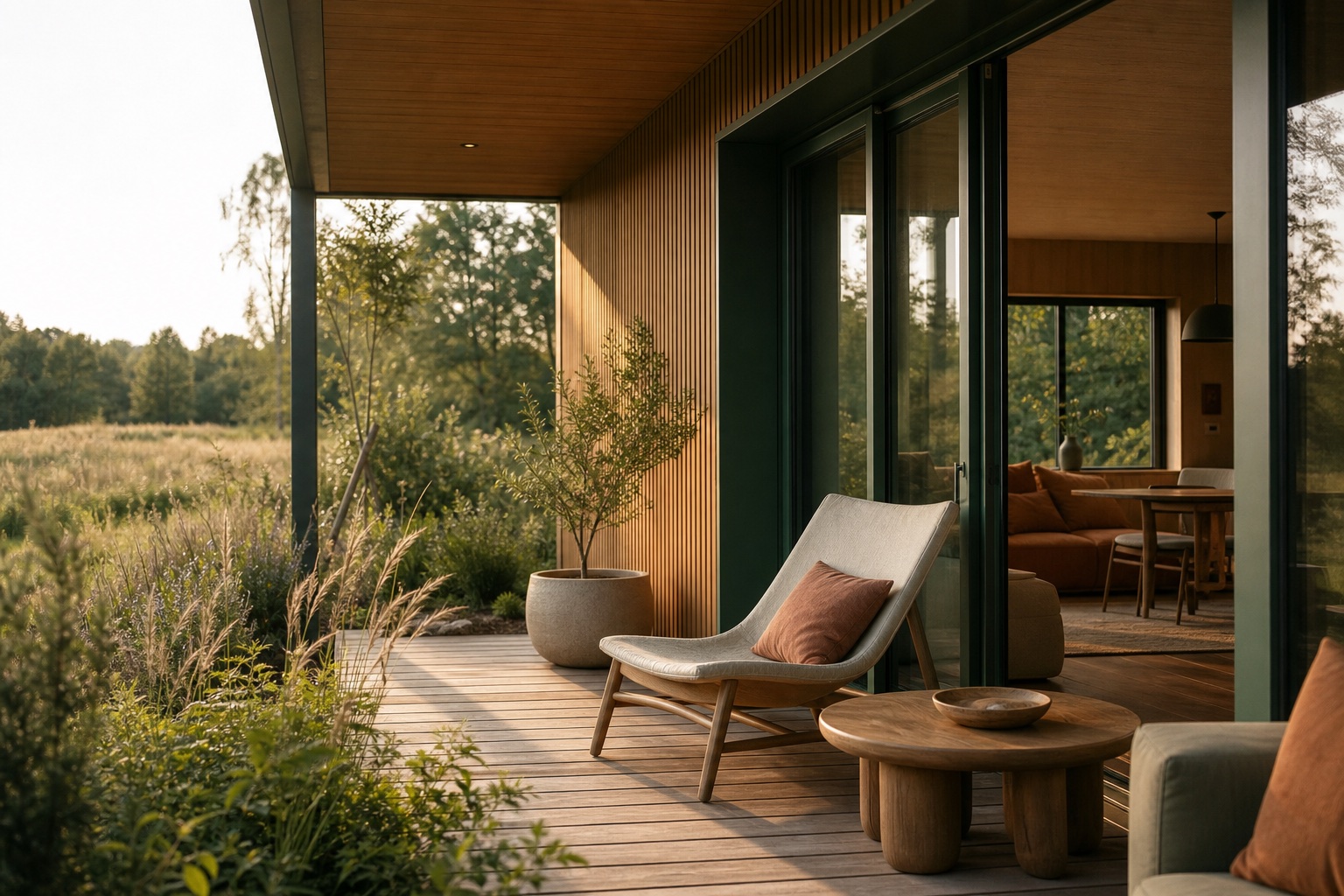 Warm covered terrace and interior of a modular home